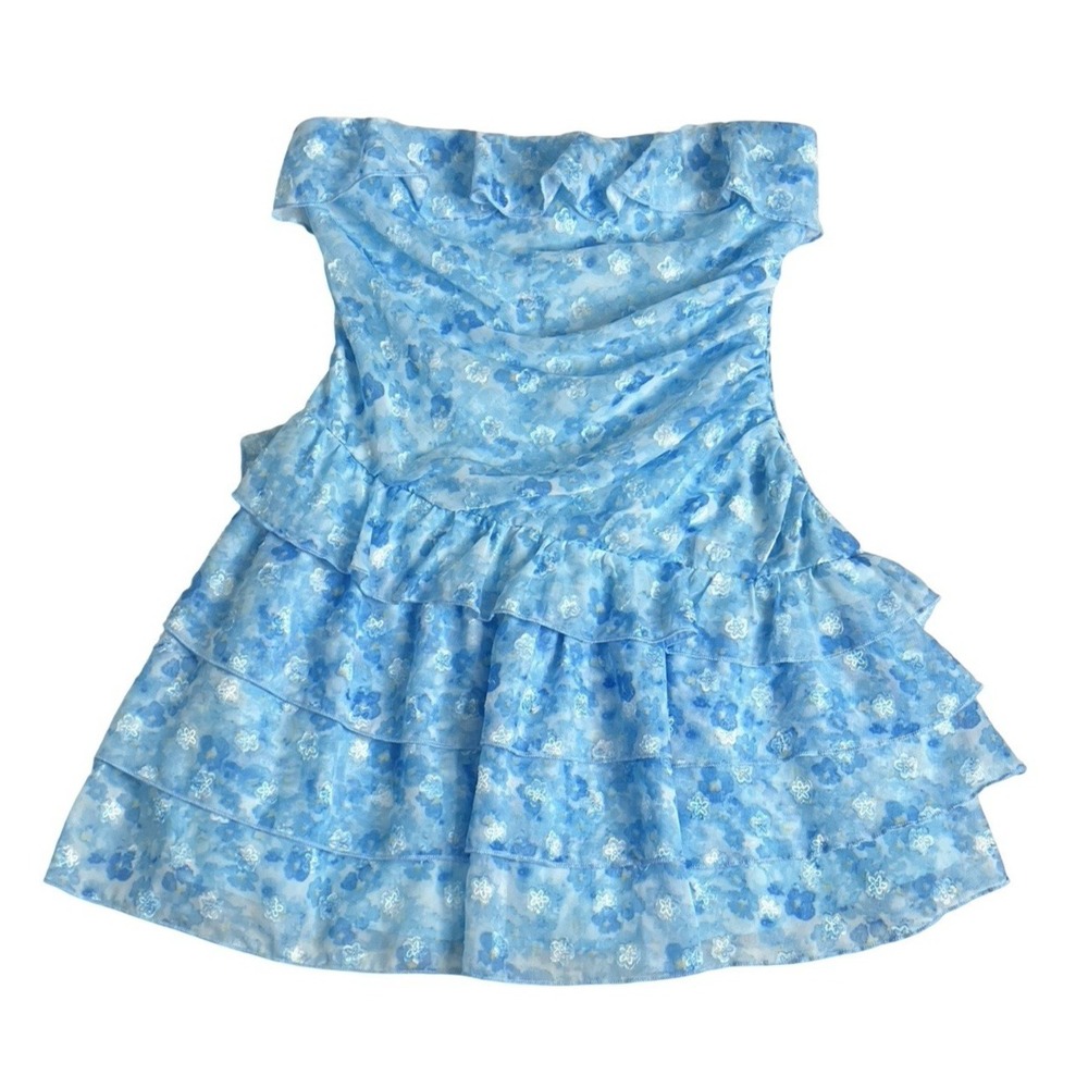 Thats So Fetch Strapless Mini Dress Womens 6 Tiered Ruffle Blue Shimmer Floral